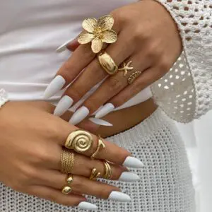 Boho 8pcs Flower Starfish Shell Stackable Open Ring Set - ArtGalleryZen
