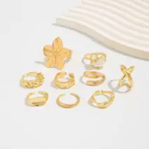 Boho 9pcs Chunky Flower Pearl Curved Waterdrop Open Ring Set - ArtGalleryZen