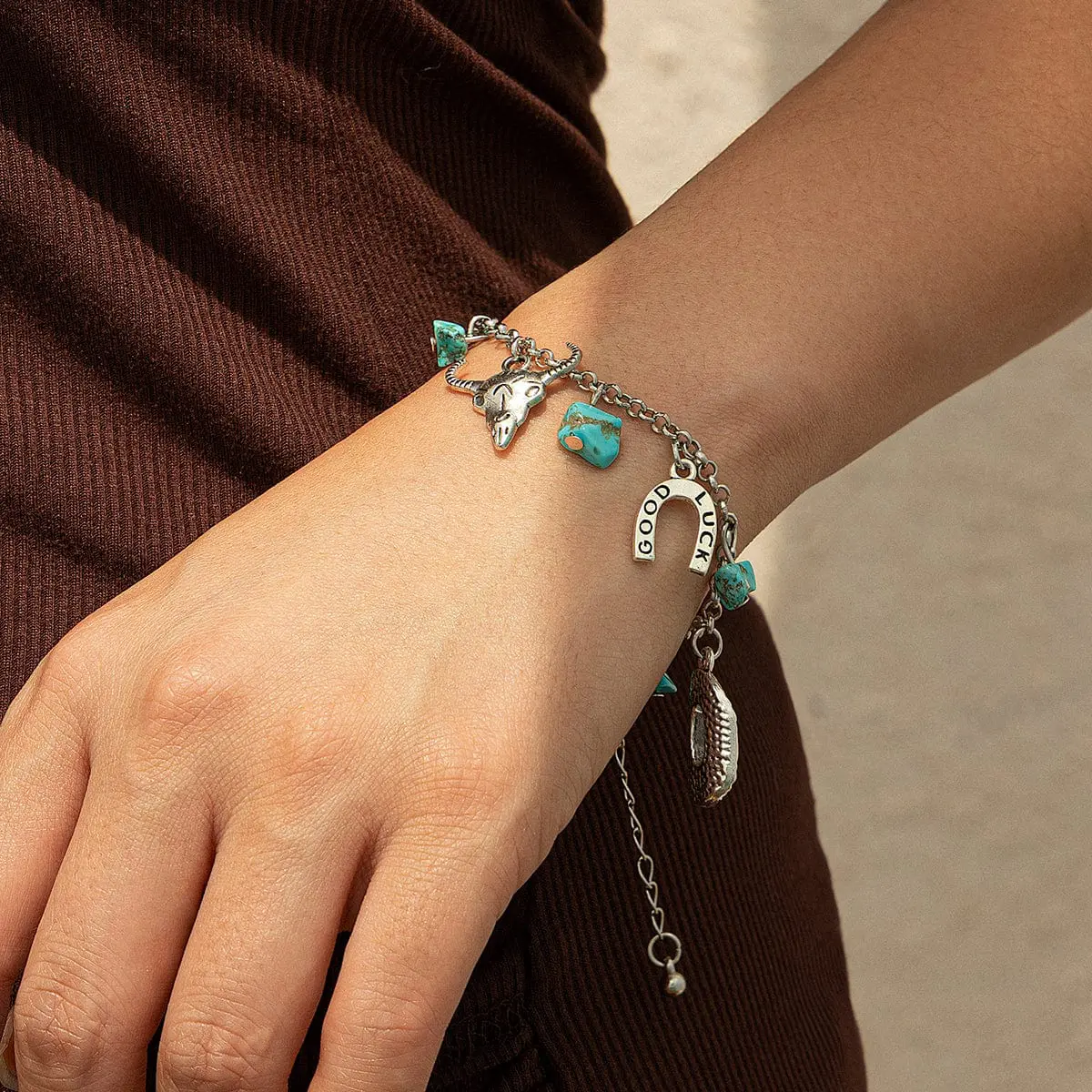 Boho Bull Boot Cowboy Hat Turquoise Charm Bracelet - ArtGalleryZen