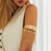 Boho Chunky Layered Leaf Tassel Embossed Pattern Arm Cuff - ArtGalleryZen