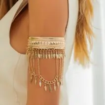 Boho Chunky Layered Leaf Tassel Embossed Pattern Arm Cuff - ArtGalleryZen