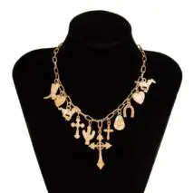 Boho Gold Tone Cross Cactus Cowboy Hat Charm Necklace - ArtGalleryZen