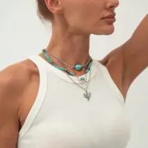 Boho Layered Cactus Bowknot Pendant Turquoise Chain Necklace Set - ArtGalleryZen
