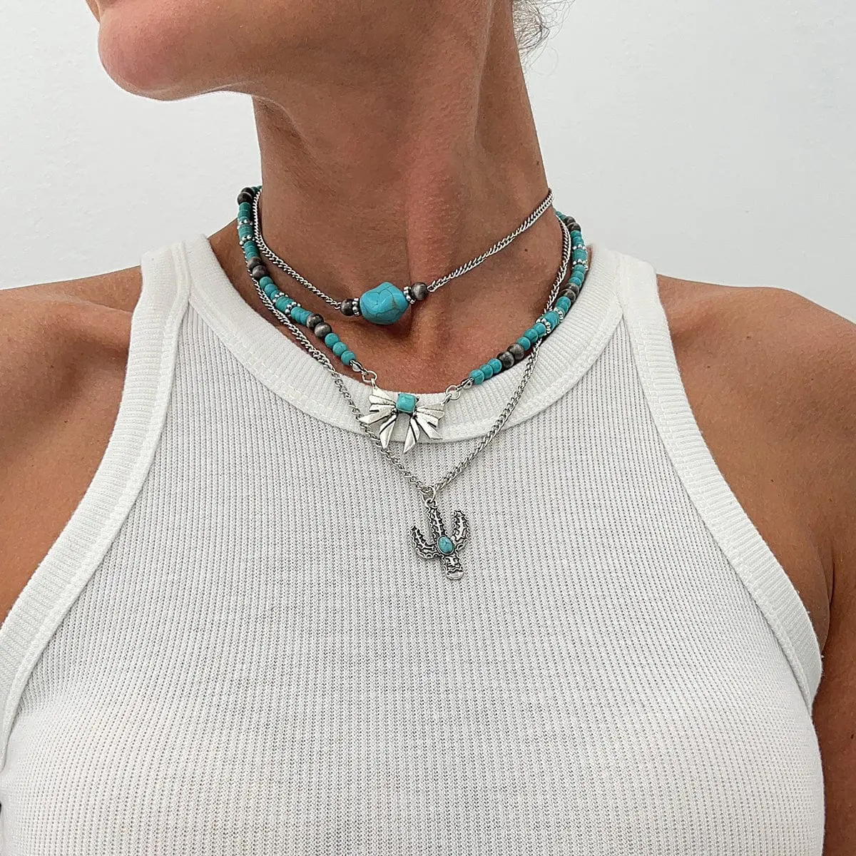 Boho Layered Cactus Bowknot Pendant Turquoise Chain Necklace Set - ArtGalleryZen