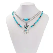 Boho Layered Cactus Bowknot Pendant Turquoise Chain Necklace Set - ArtGalleryZen