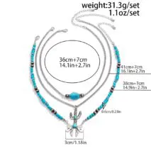 Boho Layered Cactus Bowknot Pendant Turquoise Chain Necklace Set - ArtGalleryZen