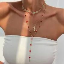 Boho Layered Cross Pendant Rhinestone Crystal Chain Y Necklace Set - ArtGalleryZen