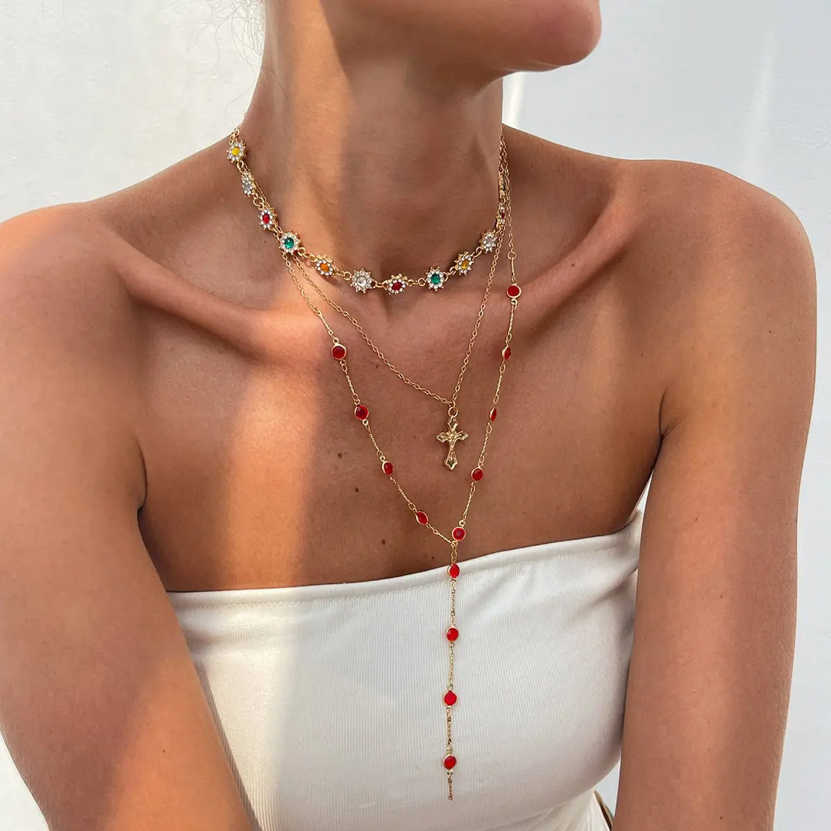Boho Layered Cross Pendant Rhinestone Crystal Chain Y Necklace Set - ArtGalleryZen