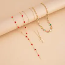 Boho Layered Cross Pendant Rhinestone Crystal Chain Y Necklace Set - ArtGalleryZen