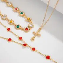 Boho Layered Cross Pendant Rhinestone Crystal Chain Y Necklace Set - ArtGalleryZen