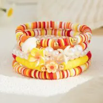 Boho Layered Flower Starfish Conch Polymer Clay Beaded Bracelet Set - ArtGalleryZen