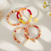 Boho Layered Flower Starfish Conch Polymer Clay Beaded Bracelet Set - ArtGalleryZen