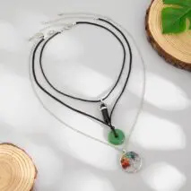 Boho Layered Healing Crystal Family Tree Pendant Wax Cord Necklace Set - ArtGalleryZen