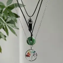 Boho Layered Healing Crystal Family Tree Pendant Wax Cord Necklace Set - ArtGalleryZen