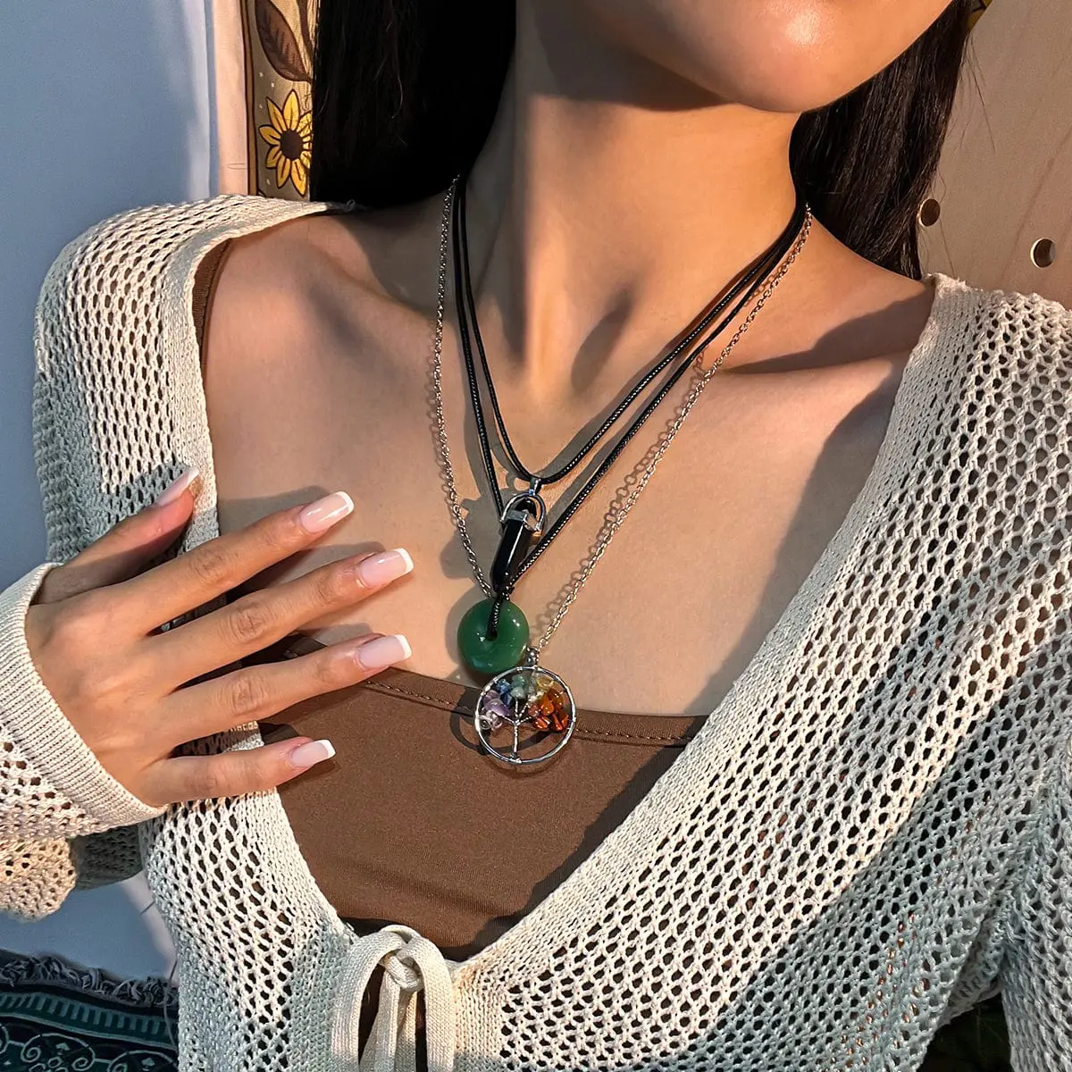 Boho Layered Healing Crystal Family Tree Pendant Wax Cord Necklace Set - ArtGalleryZen