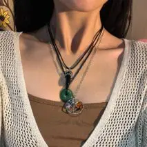 Boho Layered Healing Crystal Family Tree Pendant Wax Cord Necklace Set - ArtGalleryZen