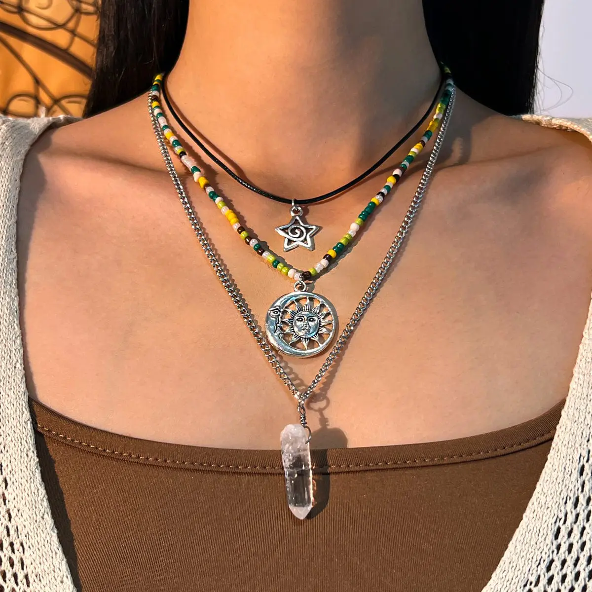 Boho Layered Healing Crystal Sun Moon Star Pendant Seed Beaded Necklace Set - ArtGalleryZen