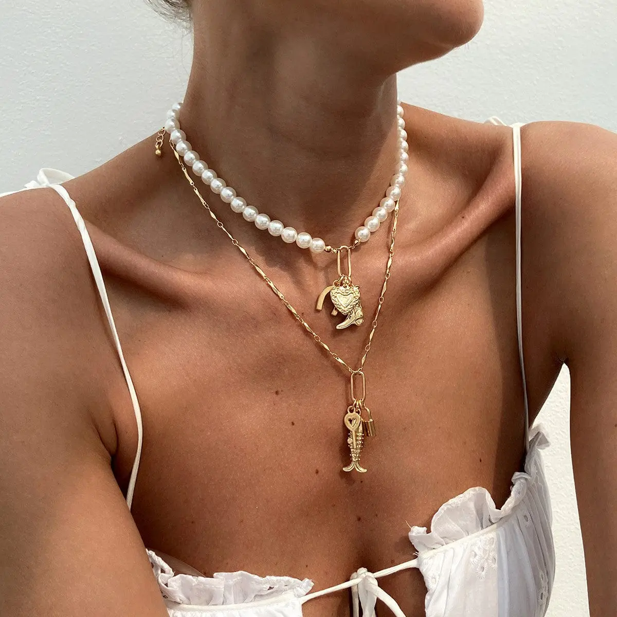 Boho Layered Key Lock Boot Lucky Horseshoe Pendant Pearl Chain Necklace Set - ArtGalleryZen