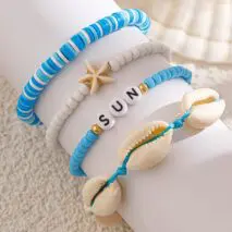 Boho Layered Shell Starfish Polymer Clay Letter Beaded Bracelet Set - ArtGalleryZen
