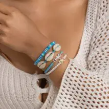 Boho Layered Shell Starfish Polymer Clay Letter Beaded Bracelet Set - ArtGalleryZen
