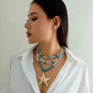 Boho Layered Textured Star Pendant Turquoise Pearl Chain Necklace - ArtGalleryZen