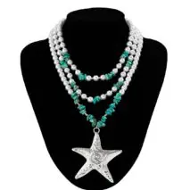 Boho Layered Textured Star Pendant Turquoise Pearl Chain Necklace - ArtGalleryZen
