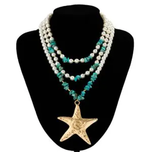 Boho Layered Textured Star Pendant Turquoise Pearl Chain Necklace - ArtGalleryZen