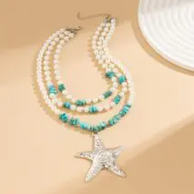 Boho Layered Textured Star Pendant Turquoise Pearl Chain Necklace - ArtGalleryZen