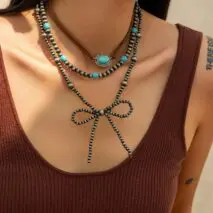Boho Layered Turquoise Oval Charm Beaded Bowknot Velvet Necklace Set - ArtGalleryZen