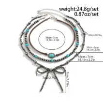 Boho Layered Turquoise Oval Charm Beaded Bowknot Velvet Necklace Set - ArtGalleryZen
