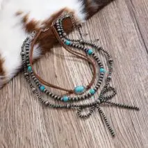 Boho Layered Turquoise Oval Charm Beaded Bowknot Velvet Necklace Set - ArtGalleryZen