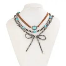 Boho Layered Turquoise Oval Charm Beaded Bowknot Velvet Necklace Set - ArtGalleryZen