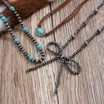 Boho Layered Turquoise Oval Charm Beaded Bowknot Velvet Necklace Set - ArtGalleryZen