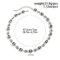 Boho Rhinestone Turquoise Flower Antique Silver Beaded Chain Necklace - ArtGalleryZen