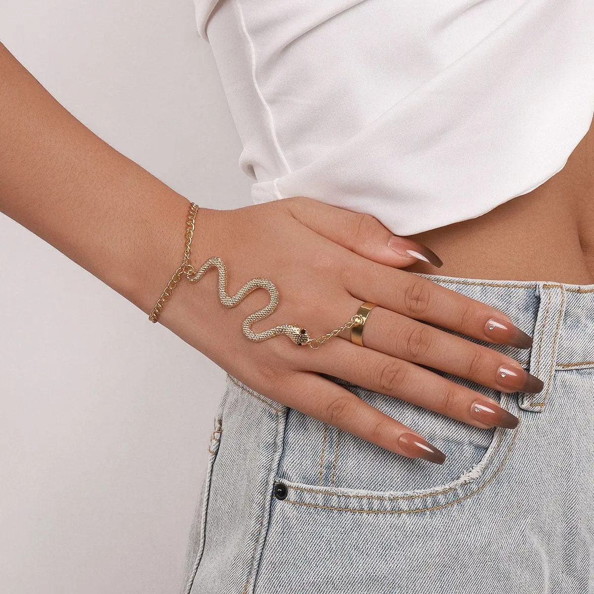 Boho Snake Finger Ring Chain Bracelet - ArtGalleryZen