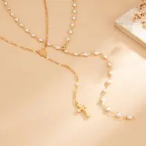 Charming 2pcs Cross Pendant Pearl Chain Y Necklace Set - ArtGalleryZen