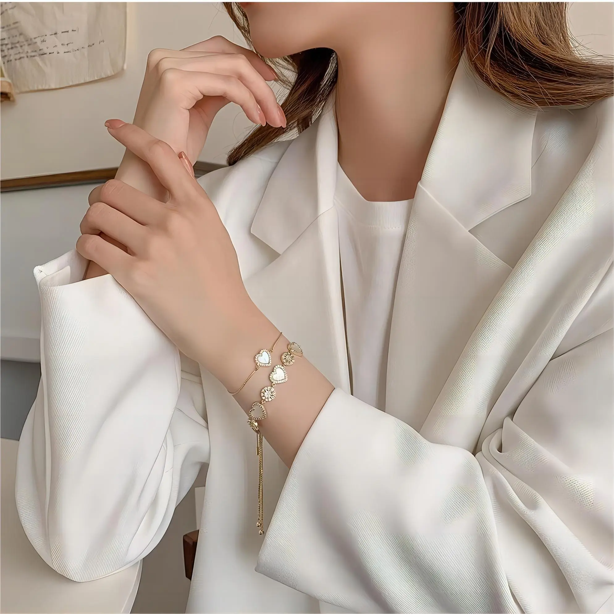 Chic 24k Gold CZ Inlaid Natural Pearl Shell Heart Bracelet - ArtGalleryZen