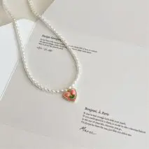Chic 24K Gold Filled Resin Pink Tulip Heart Pendant Pearl Chain Necklace Earrings Set - ArtGalleryZen