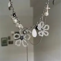 Chic Colorful Butterfly Crystal Flower Pendant Pearl Tassel Chain Necklace - ArtGalleryZen
