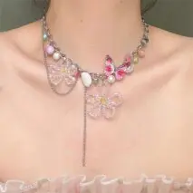 Chic Colorful Butterfly Crystal Flower Pendant Pearl Tassel Chain Necklace - ArtGalleryZen