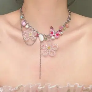 Chic Colorful Butterfly Crystal Flower Pendant Pearl Tassel Chain Necklace - ArtGalleryZen