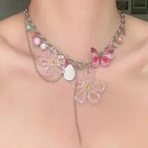Chic Colorful Butterfly Crystal Flower Pendant Pearl Tassel Chain Necklace - ArtGalleryZen