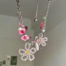 Chic Colorful Butterfly Crystal Flower Pendant Pearl Tassel Chain Necklace - ArtGalleryZen