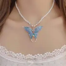 Chic Colorful Enamel Butterfly Pearl Chain Necklace - ArtGalleryZen