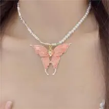 Chic Colorful Enamel Butterfly Pearl Chain Necklace - ArtGalleryZen