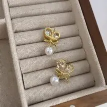 Chic Crystal Bowknot Heart Dangle Pearl Earrings - ArtGalleryZen