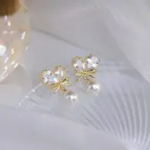 Chic Crystal Bowknot Heart Dangle Pearl Earrings - ArtGalleryZen