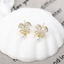 Chic Crystal Bowknot Heart Dangle Pearl Earrings - ArtGalleryZen
