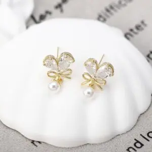 Chic Crystal Bowknot Heart Dangle Pearl Earrings - ArtGalleryZen