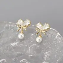 Chic Crystal Bowknot Heart Dangle Pearl Earrings - ArtGalleryZen